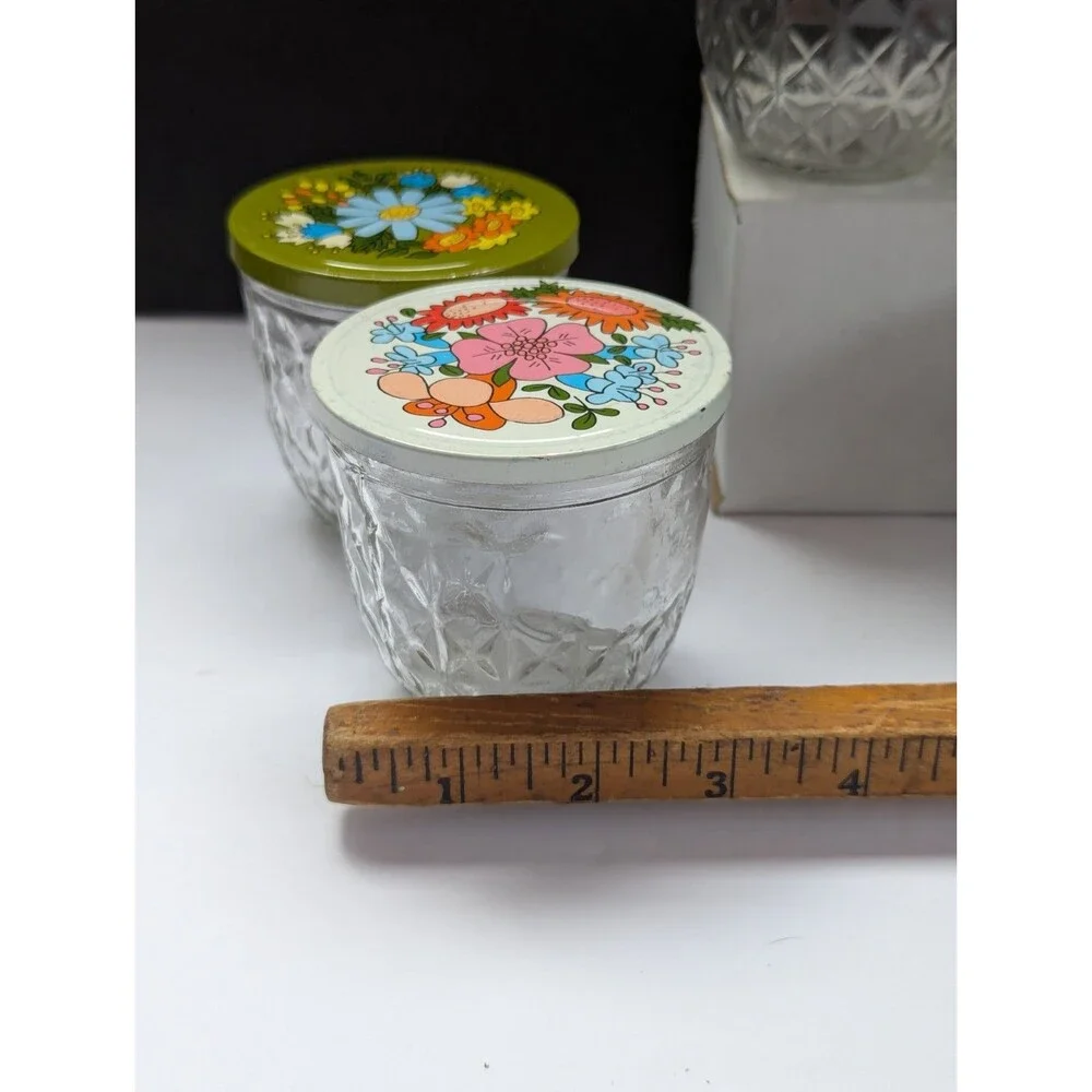 VTG 8 Ball Quilted Crystal Glass Jelly Jars with Metal Flower Lids 1970s